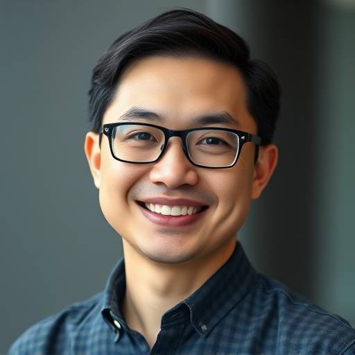 A headshot of Jian Chen, a smiling male instructor with glasses, specializing in Cybersecurity, showcasing his expertise and approachable nature.
