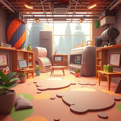Game development course image showing stylized 3D environments and game design tools.