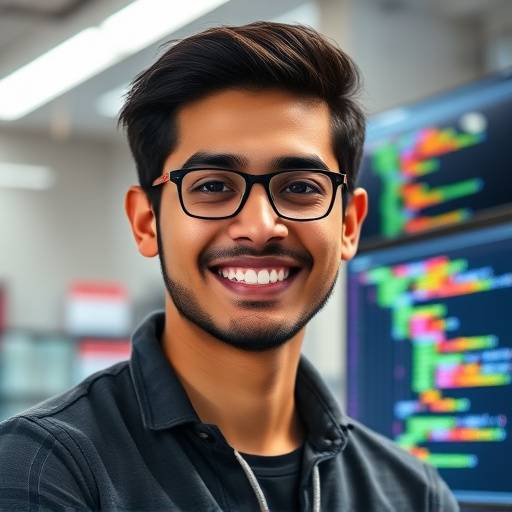 Portrait of a male student, Raj Patel, smiling confidently in front of a computer screen displaying code, indicating his success in a coding course.