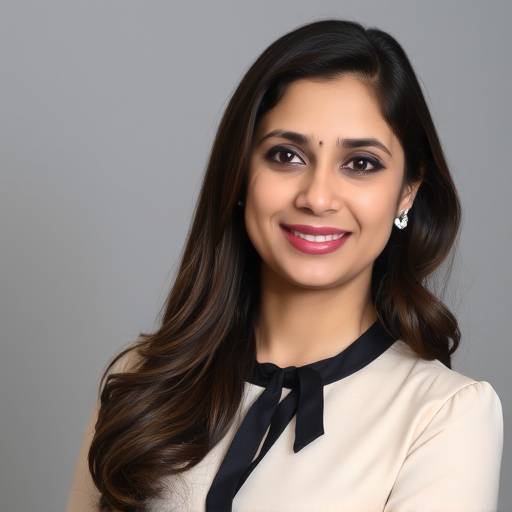 Portrait of Divya Patel, the Marketing Director, a woman with long brown hair and a confident smile, wearing a stylish blouse.