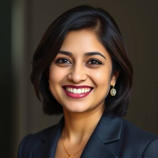 Portrait of Dr. Anya Sharma, the founder of Stellaris Academy, a smiling woman with long dark hair, wearing a professional business suit.
