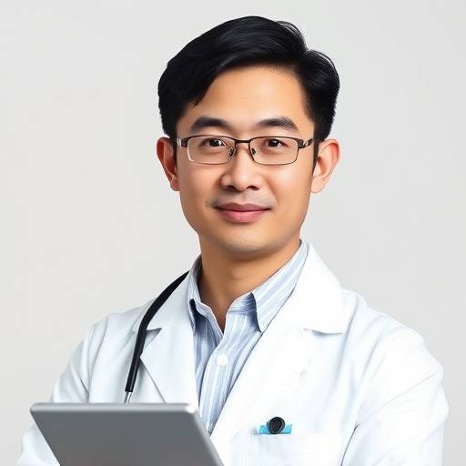 Portrait of Dr. Jian Chen, a man with short hair, wearing a lab coat and holding a tablet.