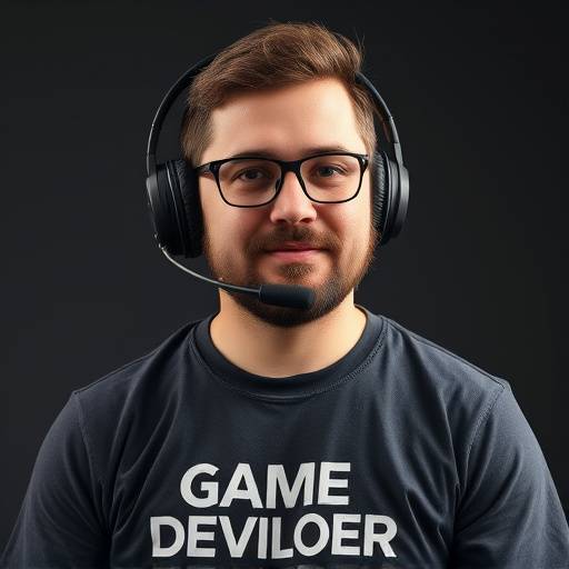 Portrait of Michael Garcia, a man with a headset on, wearing a game developer t-shirt.