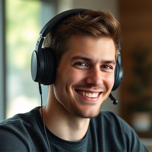Smiling portrait of a young man, James O'Connell, wearing headphones, suggesting he is actively engaged in an online lecture or learning session.
