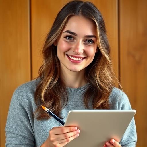 Smiling portrait of a young woman, Anya Petrova, holding a sketchpad and pencil, representing her progress in UX/UI design.