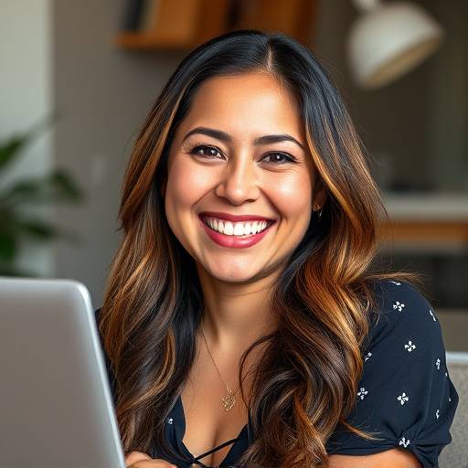 Smiling portrait of a young woman, Maria Rodriguez, with a laptop in the background, signifying her online learning experience.