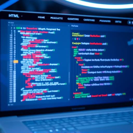 Web development course image. Displays HTML, CSS, and JavaScript code snippets with a futuristic website interface in the background.